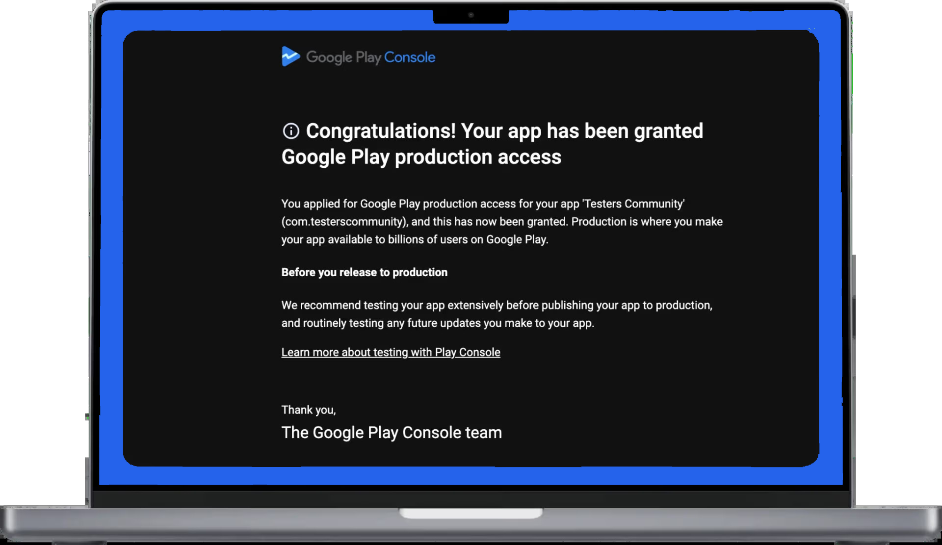 GoTester पृष्ठ दिखा रहा है कि ऐप के लिए Google Play उत्पादन पहुँच की पुष्टि